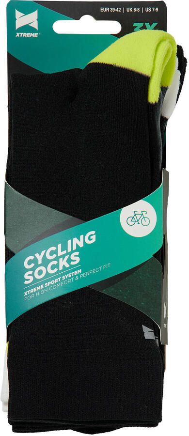Xtreme fietssokken zwart wit limegroen (set van 3)