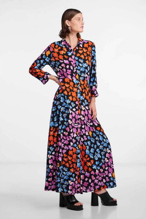 Y.A.S gebloemde maxi blousejurk YASSAVANNA donkerblauw fuchsia oranje groen - Foto 5