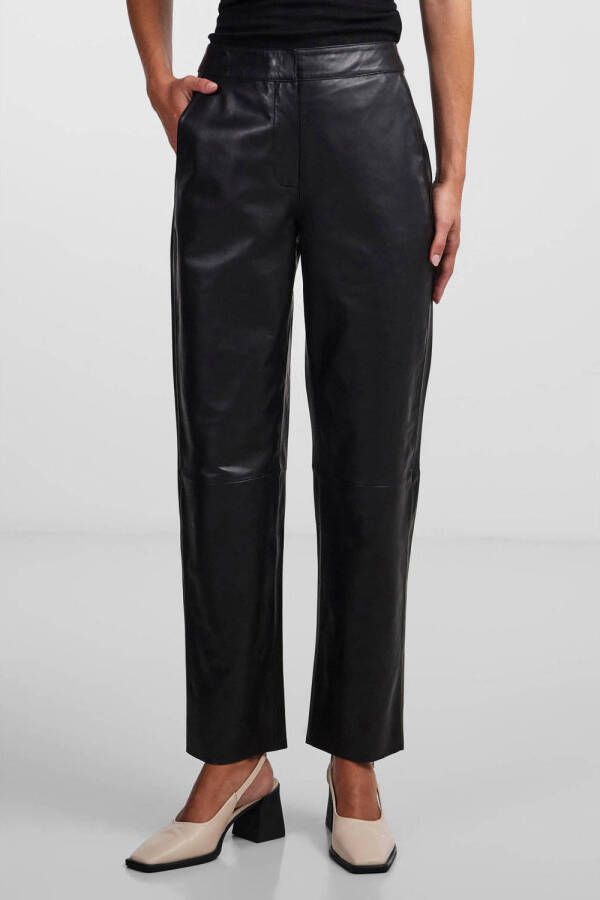 Y.A.S leren high waist straight fit broek YASLINE zwart