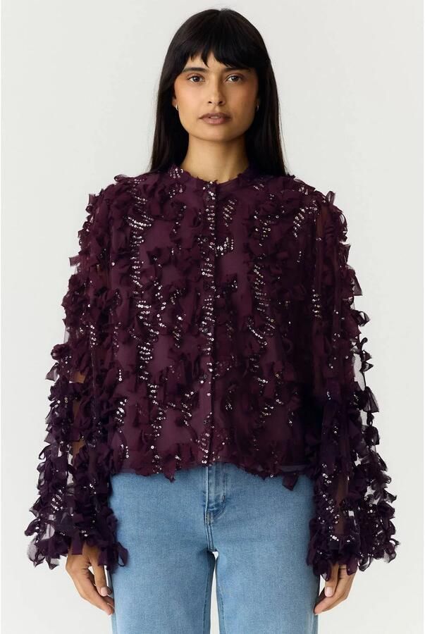 YAS blouse met pailletten donkerpaars