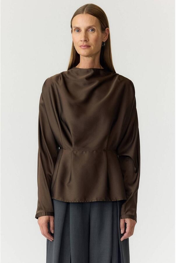 YAS peplum top met plooien donkerbruin