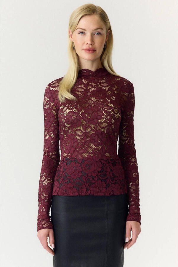 YAS Slim Fit shirt met lange mouwen van bloemig kant model 'Lacey' - Foto 2