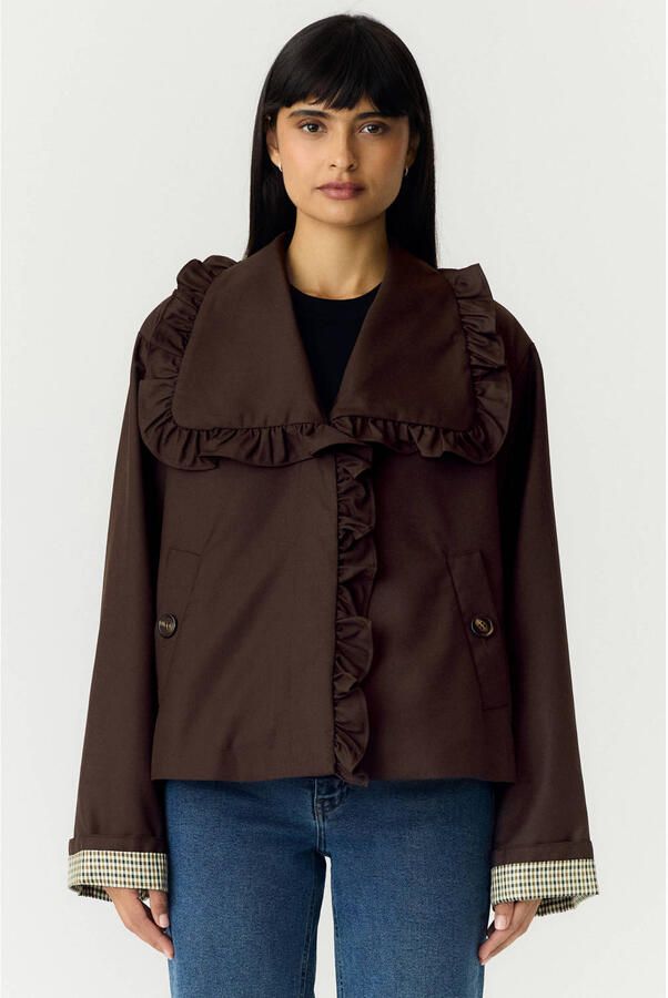 YAS trenchcoat met ruches donkerbruin - Foto 3