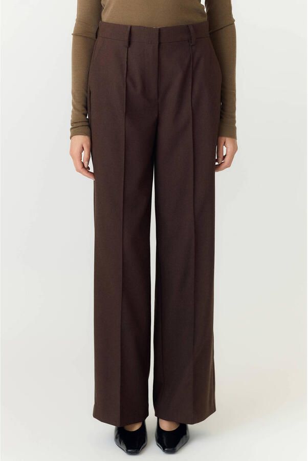 YAS wide leg pantalon met linnen donkerbruin
