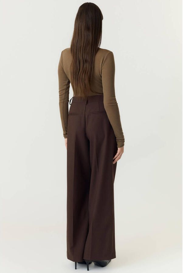 YAS wide leg pantalon met linnen donkerbruin - Foto 2