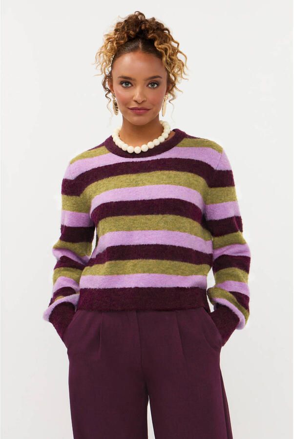 Ydence gebreide gestreepte trui met wol aubergine