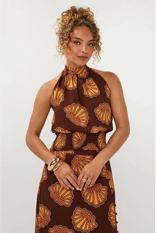 Ydence haltertop met open rug en print bruin