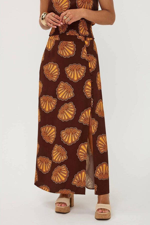 Ydence maxi rok met split en print bruin