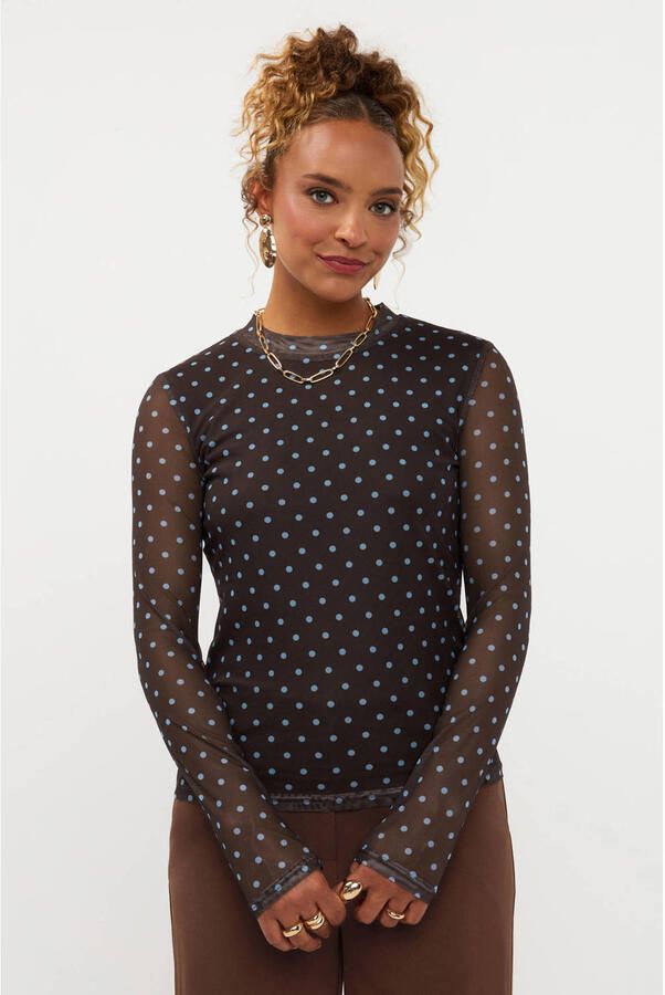 Ydence mesh top met stippen donkerbruin