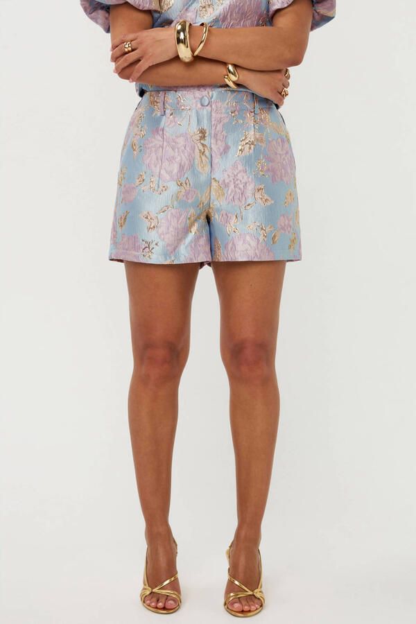 Ydence regular fit gebloemde korte broek met riemlussen lichtblauw