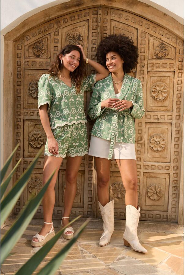 Ydence wide leg regular waist casual short groen broderie - Foto 3