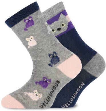 Yellow Moon sokken met katjes set van 2 grijs donkerblauw Katoen 19-22