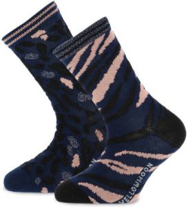 Yellow Moon sokken met zebra- panterprint zwart donkerblauw