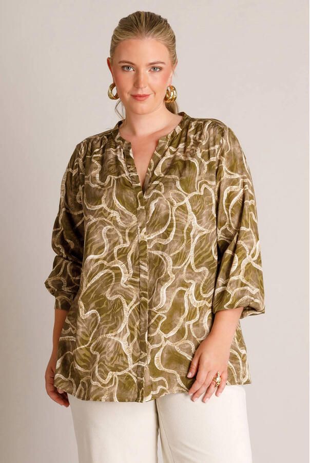 Yest Curve blouse Plus Size met print olijfgroen