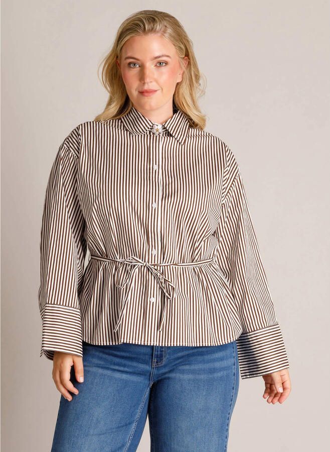 Yest Curve gestreepte blouse met ceintuur Plus Size bruin
