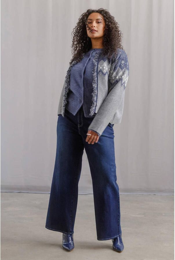 Yest Curve Plus Size gebreid vest met franjes grijs blauw