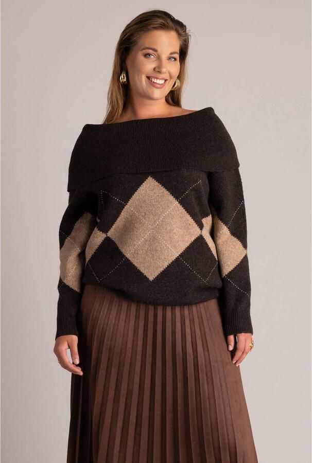 Yest Curve Plus Size off shoulder gebreide geruite trui met wol donkerbruin beige