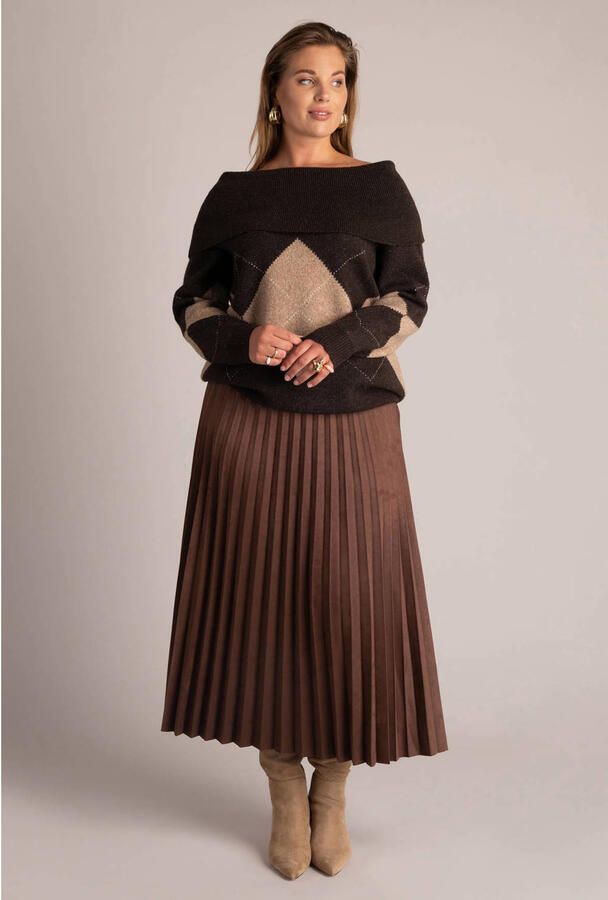 Yest Curve Plus Size off shoulder gebreide geruite trui met wol donkerbruin beige - Foto 2