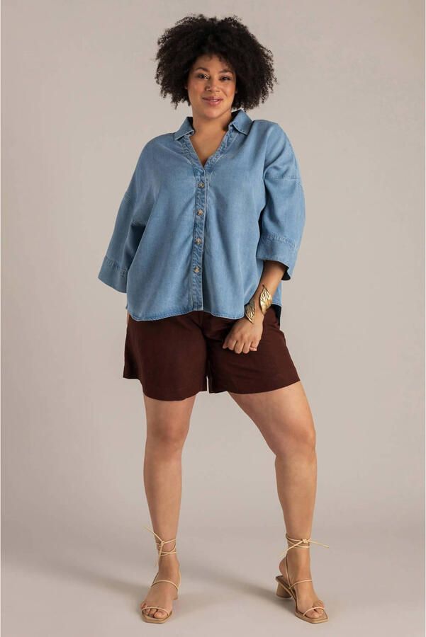 Yest Curve regular high waist casual short met linnen donkerbruin - Foto 3