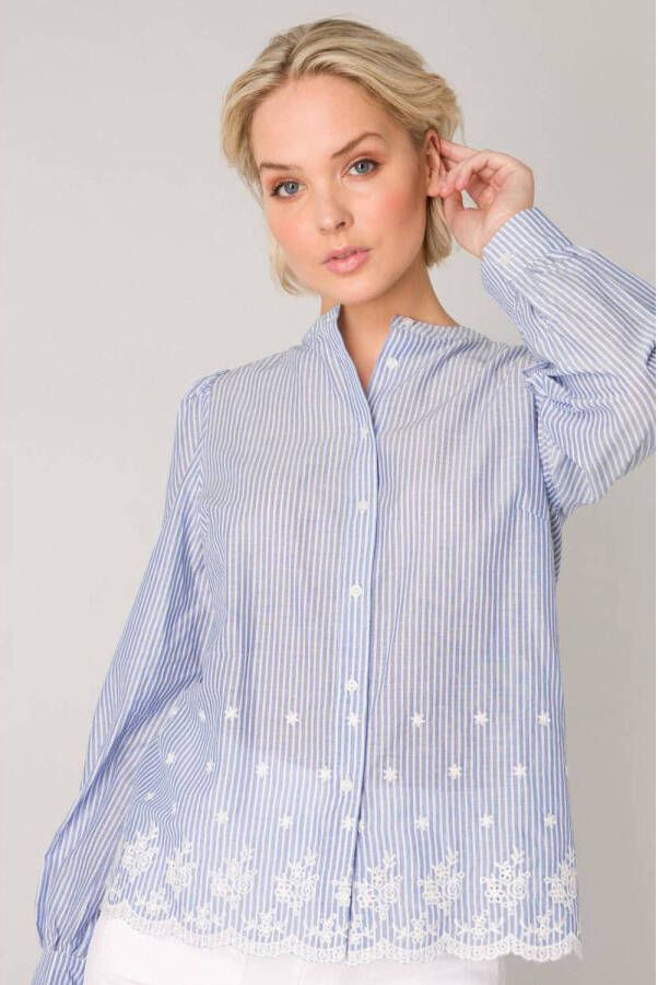 Yest katoenen blouse met borduursel in streep blauw wit