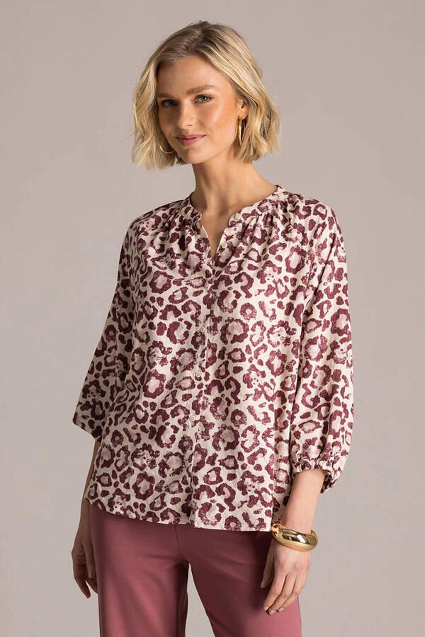 Yest blouse met linnen met dierenprint ecru