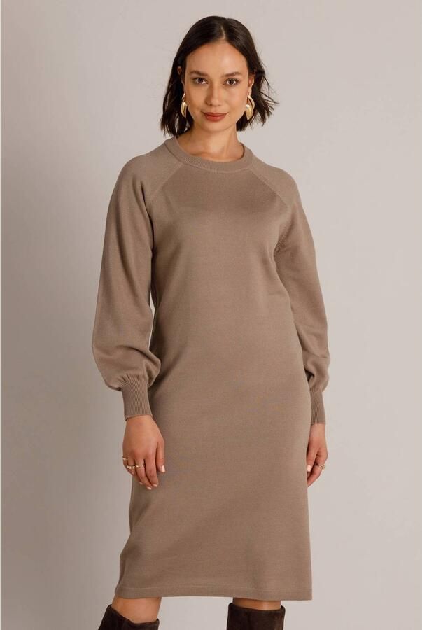 Yest gebreide midi jurk met ceintuur taupe