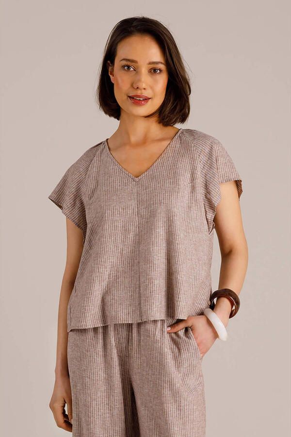 Yest gestreepte top met linnen beige