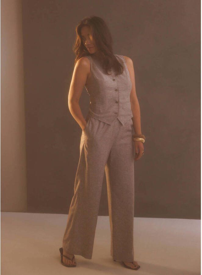 Yest wide leg high waist gestreepte broek met linnen beige - Foto 2