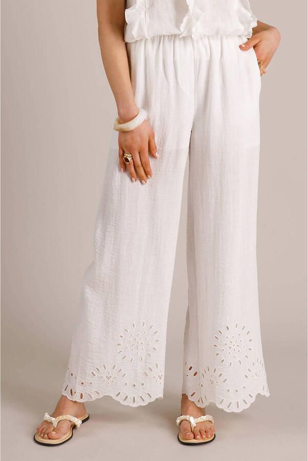 Yest wide leg regular waist broek broderie ecru