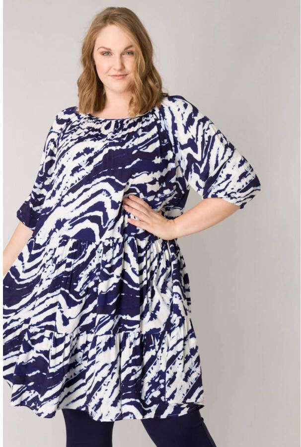 Yesta A-lijn jurk met all over print en volant wit donkerblauw