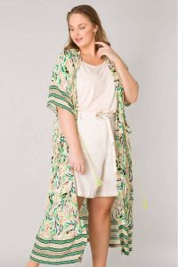 Yesta geweven kimono met all over print beige groen