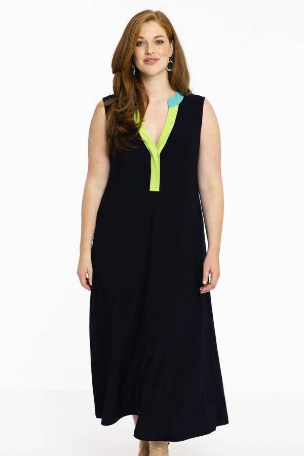 Yoek A-lijn jurk DOLCE van travelstof donkerblauw limegroen turquoise