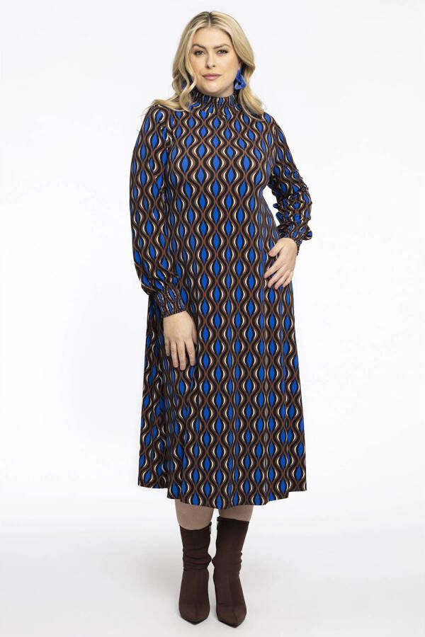 Yoek A-lijn jurk DOLCE van travelstof met all over print bruin blauw wit