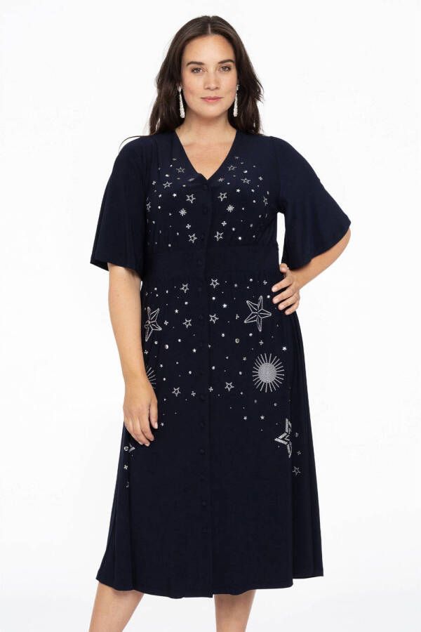 Yoek A-lijn jurk DOLCE van travelstof met all over print donkerblauw