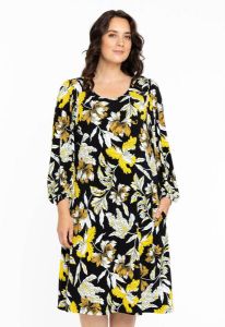 Yoek A-lijn jurk DOLCE van travelstof met all over print zwart geel