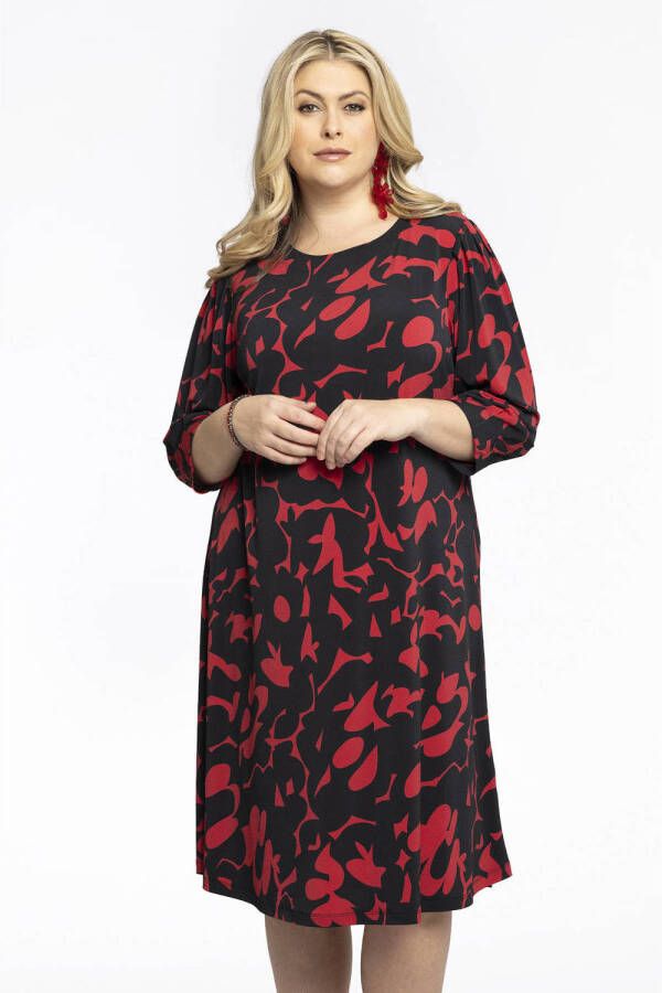 Yoek A-lijn jurk DOLCE van travelstof met all over print zwart rood