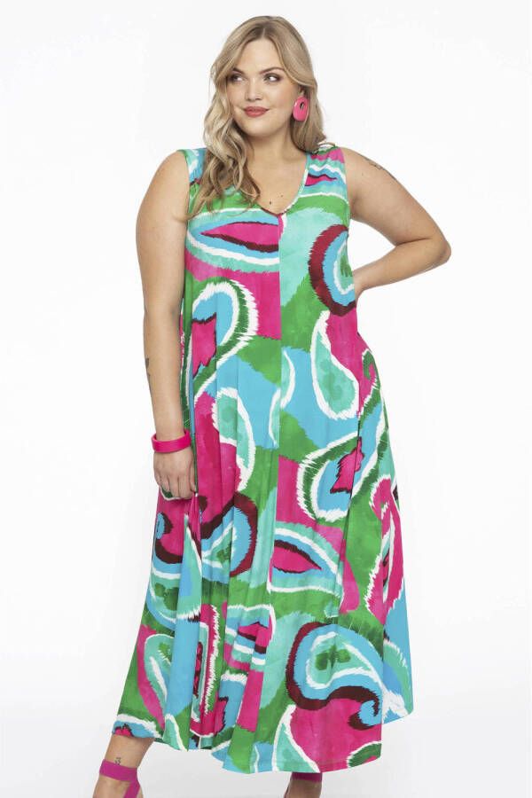 Yoek A-lijn jurk DOLCE van travelstof met paisleyprint lichtblauw groen roze