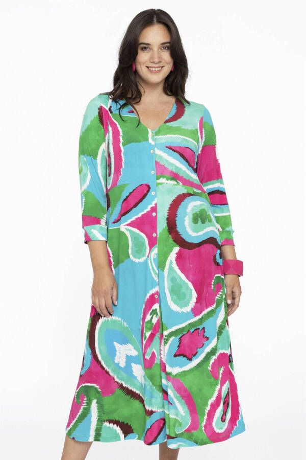 Yoek A-lijn jurk DOLCE van travelstof met paisleyprint lichtblauw groen roze