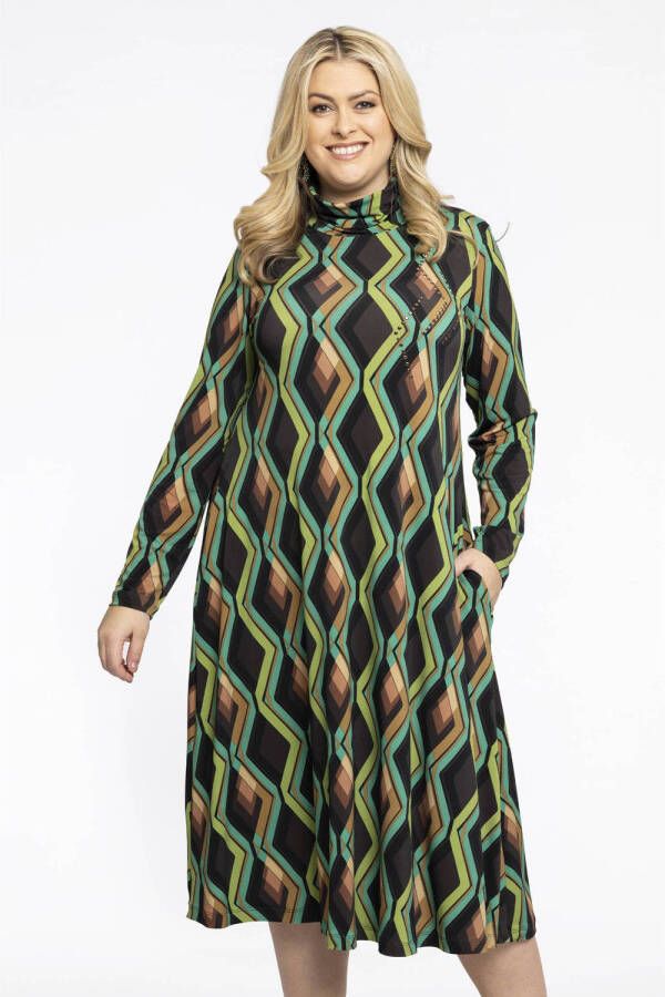 Yoek A-lijn jurk met all over print bruin groen