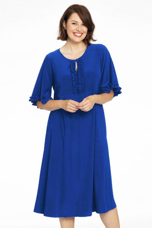 Yoek A-lijn jurk van travelstof DOLCE met ruches blauw