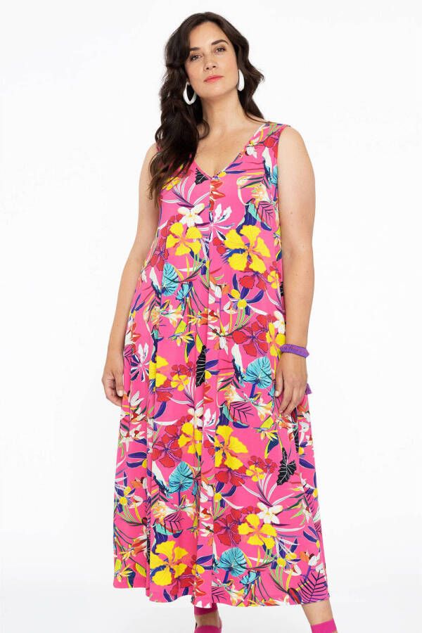 Yoek gebloemde jurk roze geel blauw wit