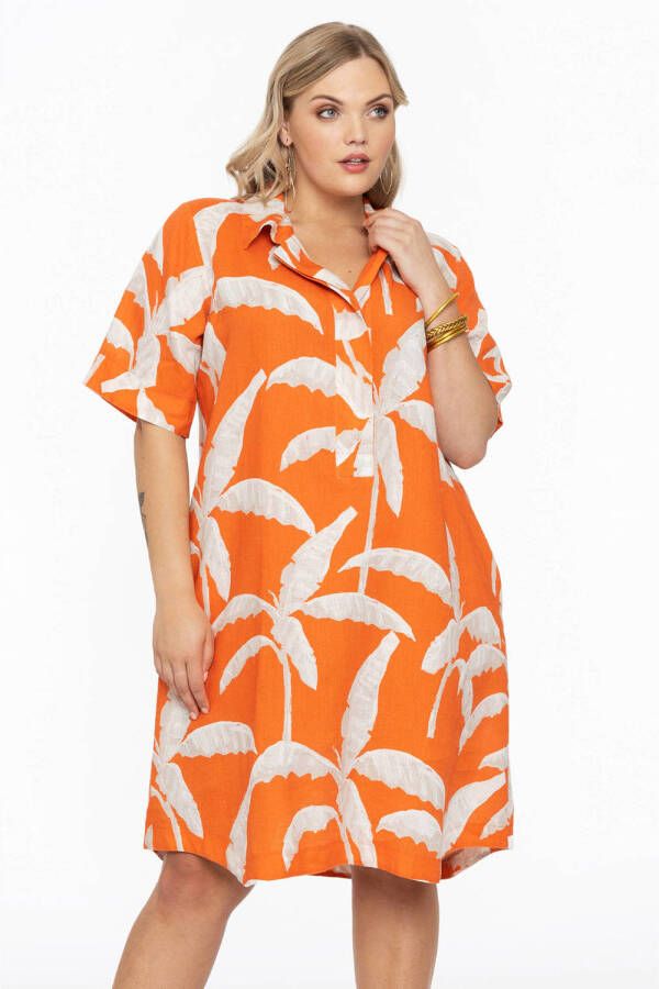 Yoek jurk met all over print oranje ecru