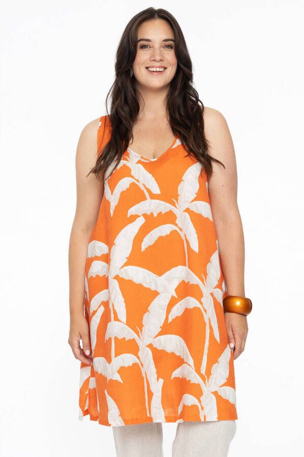 Yoek jurk met all over print oranje ecru