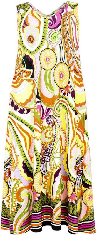 Yoek maxi A-lijn jurk DOLCE van travelstof met all over print oranje geel groen
