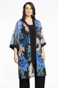Yoek mesh kimono vest met all over print blauw zwart