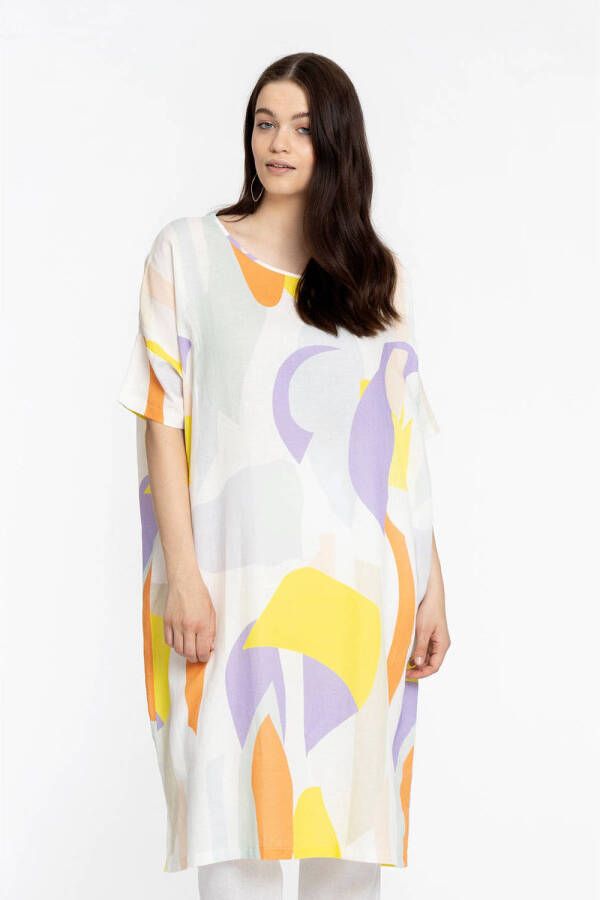 Yoek PORTRAITS jurk FLOWLY met grafische print wit paars geel