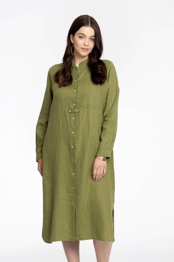 Yoek PORTRAITS lange blouse van linnen met zijsplitjes LINEN olijfgroen