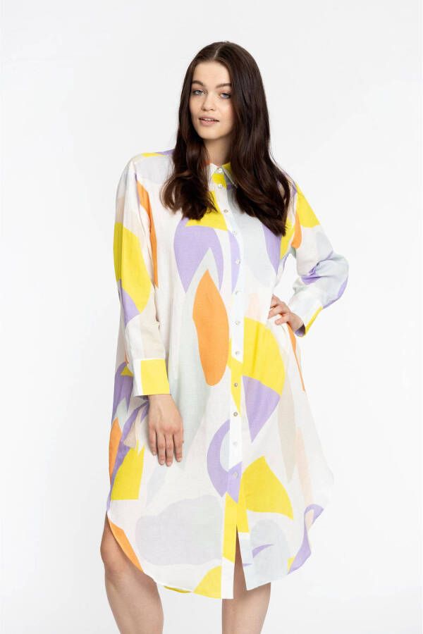 Yoek PORTRIATS blousejurk FLOWLY met all over print wit geel paars
