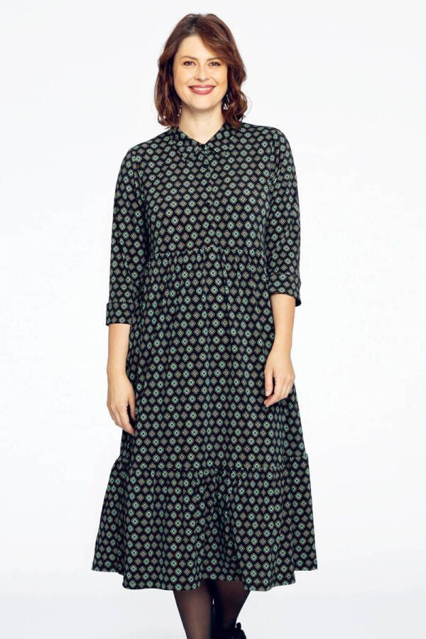 Yoek Travelstof maxi A-lijn jurk met all over print zwart blauw