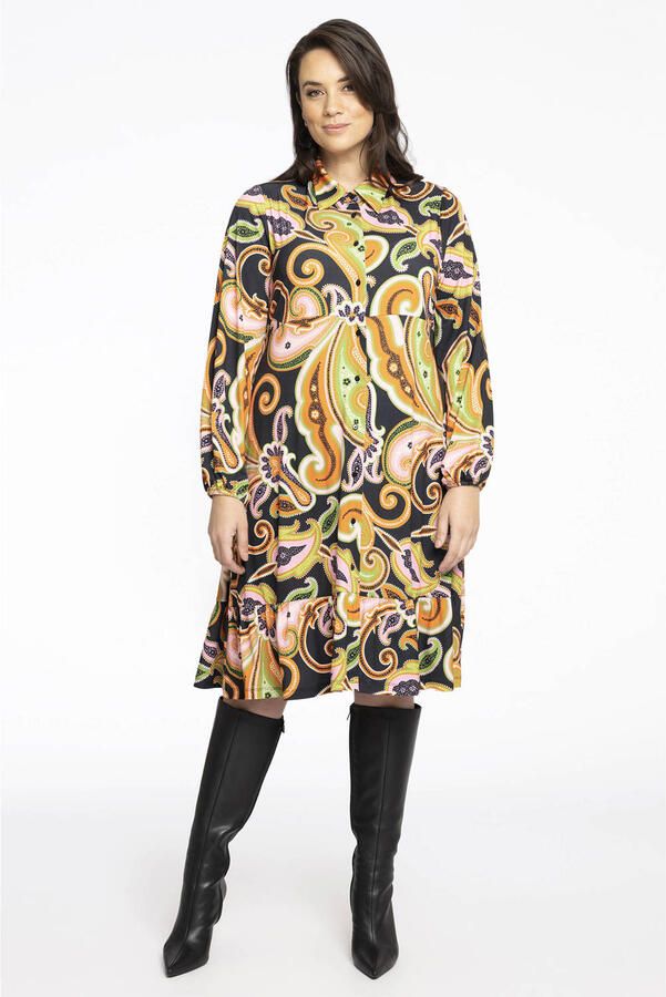 YOEK blousejurk DOLCE van travelstof met paisleyprint zwart geel - Foto 3